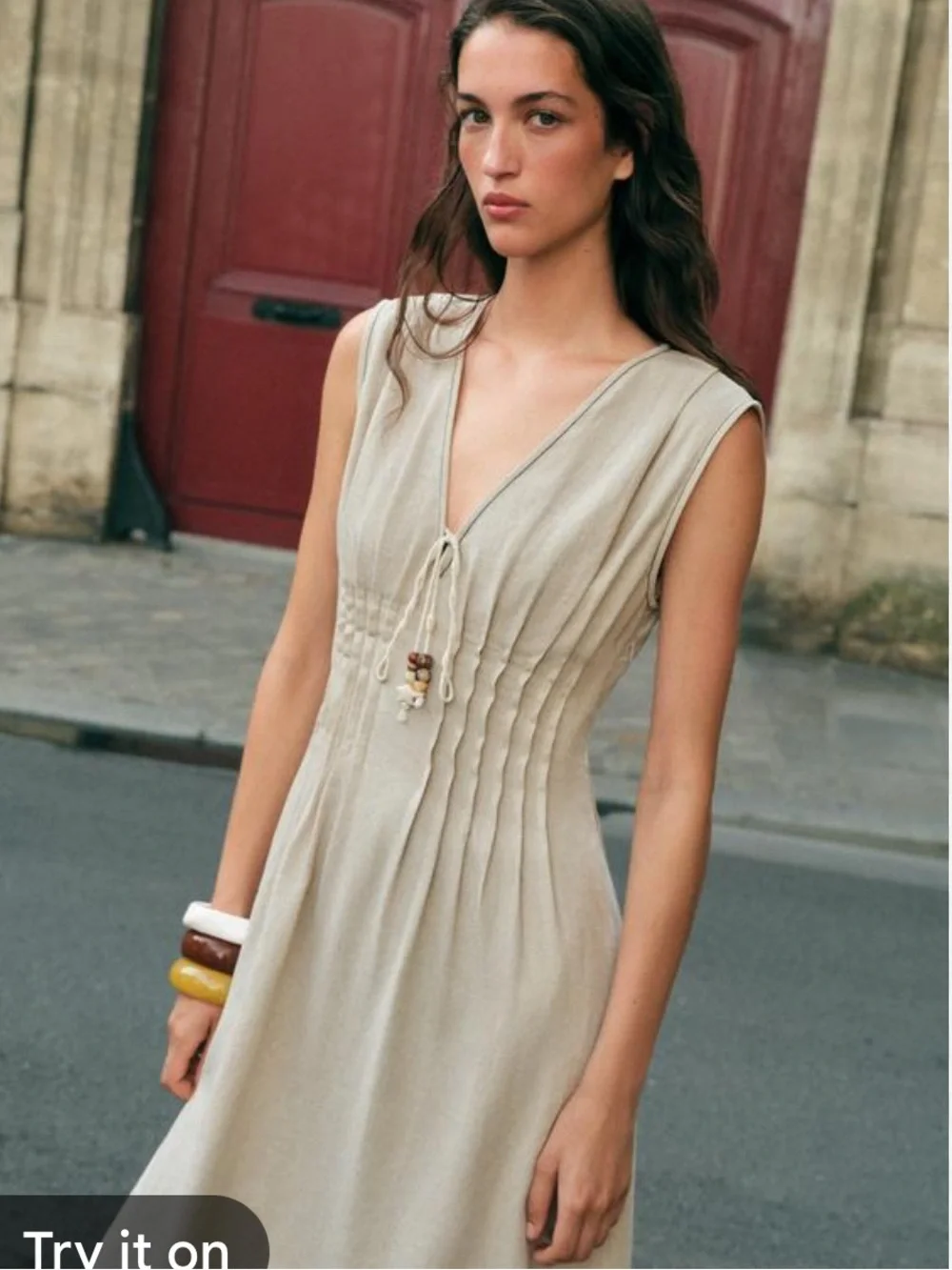 Zara light beige pleated linen midi dress
